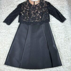 Eliza J Dress Womens Size 2 Petite Black‎ Lace Satin Cocktail V Neck 3/4 Sleeve